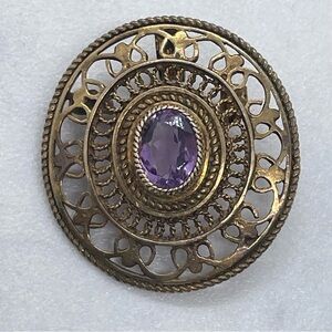 935 Silver Vermeil Amethyst Filigree Brooch Pendant Victorian Revival Jewelry